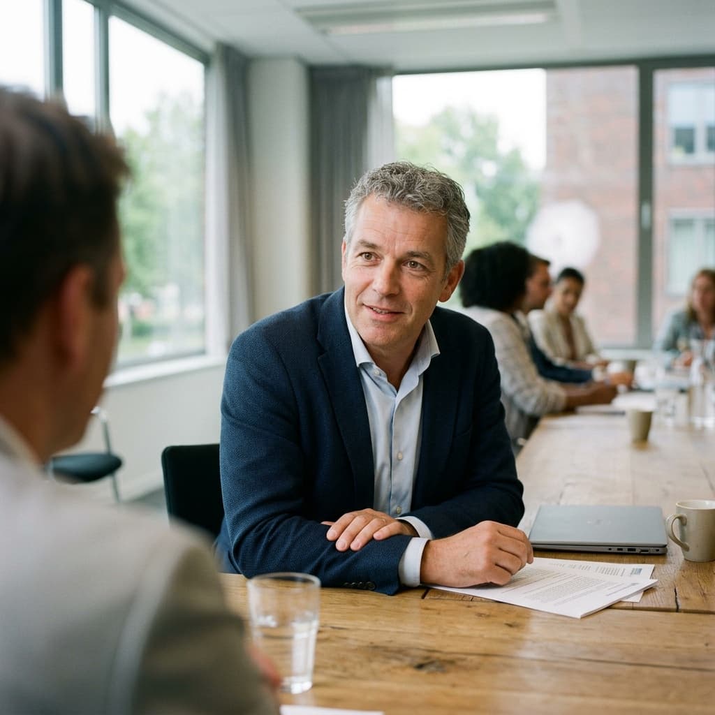Een ambtenaar in gesprek aan een lange vergadertafel in een gemeentehuis