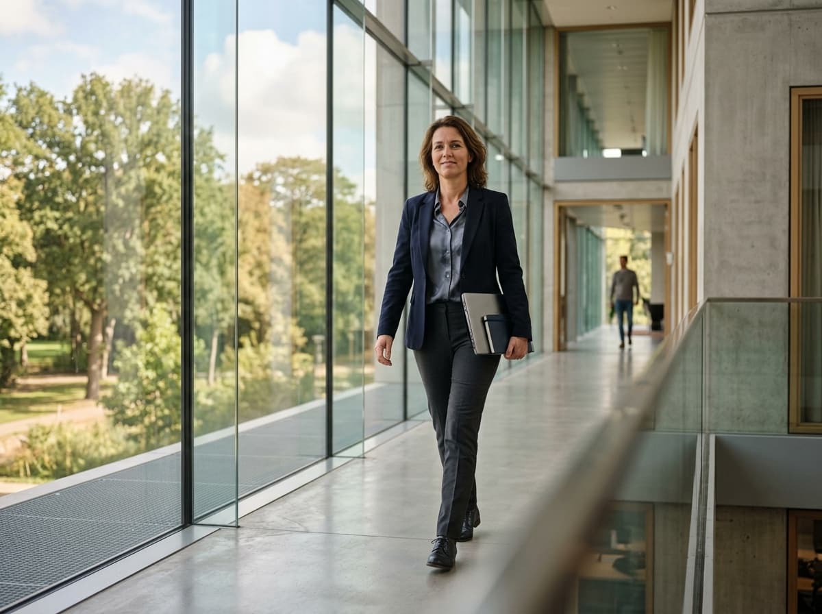 Een ervaren ambtenaar wordt in de gang van een overheidsgebouw begroet door een nieuwe collega