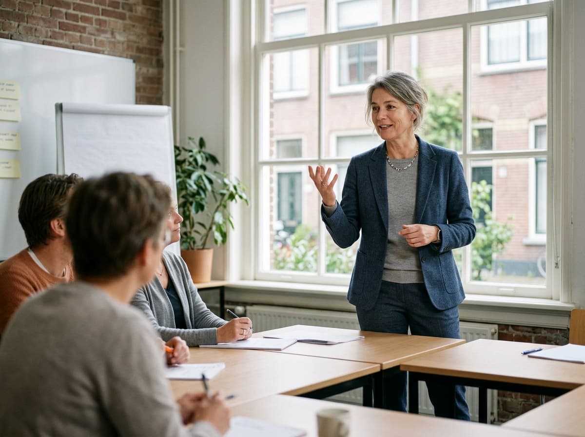 Ambtenaren oefenen in tweetallen een gesprek tijdens een training