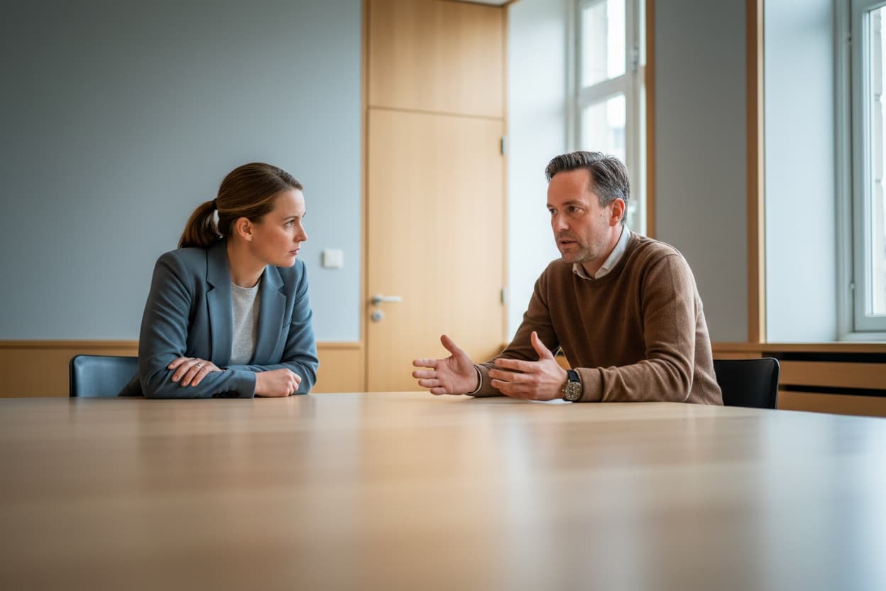 Een medewerker in gesprek met een inwoner aan een tafel, in een rustige en toegewende houding